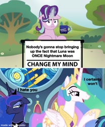 Size: 1000x1208 | Tagged: safe, edit, edited screencap, screencap, character:princess celestia, character:princess luna, character:shining armor, character:starlight glimmer, species:alicorn, species:pony, species:unicorn, episode:sparkle's seven, g4, my little pony: friendship is magic, :i, bitchlestia, blame my sister, change my mind, chocolate, cup, female, food, funny, hoof pointing, hot chocolate, hypocrisy, i mean i see, luna is not amused, mare, meme, mugclub, smuglestia, table, unamused