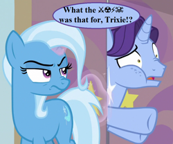 Size: 864x720 | Tagged: safe, edit, edited screencap, screencap, character:november rain, character:trixie, species:pony, episode:student counsel, g4, censored vulgarity, cropped, dialogue, door, female, friendship student, grawlixes, magic, magic aura, mare, school of friendship, slamming door, speech, speech bubble, talking