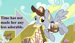 Size: 777x444 | Tagged: safe, edit, edited screencap, screencap, character:derpy hooves, species:pony, episode:the last problem, g4, my little pony: friendship is magic, arrow, captain obvious, clothing, cropped, cute, derpabetes, female, hat, letter, mailbag, mailmare hat, mailpony uniform, mare, older derpy hooves, package, ponyville, text, truth