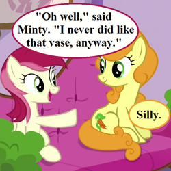 Size: 576x576 | Tagged: safe, edit, edited screencap, screencap, character:carrot top, character:golden harvest, character:roseluck, species:pony, episode:applejack's day off, g4, cropped, cute, cutie top, dialogue, female, implied minty, mare, noodle incident, oh minty minty minty, ponyville spa, rosabetes, speech bubble