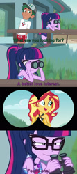 Size: 1280x2880 | Tagged: safe, edit, edited screencap, screencap, character:sunset shimmer, character:timber spruce, character:twilight sparkle, character:twilight sparkle (scitwi), species:eqg human, ship:scitwishimmer, ship:sunsetsparkle, episode:unsolved selfie mysteries, g4, my little pony: equestria girls, my little pony:equestria girls, bikini, binoculars, cap, caption, clothing, female, geode of empathy, geode of telekinesis, glasses, hat, lesbian, lifeguard timber, magical geodes, male, ponytail, shipping, shipping fuel, swimsuit, text, timberbuse