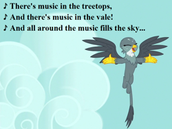 Size: 864x648 | Tagged: safe, edit, edited screencap, screencap, character:gabby, episode:filli vanilli, episode:the fault in our cutie marks, g4, my little pony: friendship is magic, cloud, cropped, cute, female, gabbybetes, lyrics, music in the treetops, singing, song reference, text