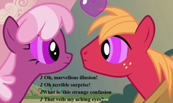 Size: 945x567 | Tagged: safe, edit, edited screencap, screencap, character:big mcintosh, character:cheerilee, ship:cheerimac, episode:hearts and hooves day, g4, my little pony: friendship is magic, cropped, female, gilbert and sullivan, heart, love poison, lyrics, male, mind control eyes, shipping, song reference, straight, text, the sorcerer (opera)