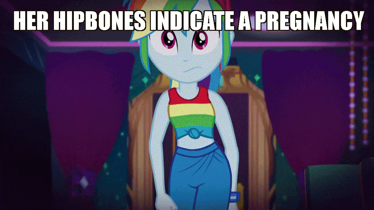 Size: 1200x675 | Tagged: safe, edit, edited screencap, screencap, character:rainbow dash, equestria girls:spring breakdown, g4, my little pony: equestria girls, my little pony:equestria girls, spoiler:eqg series (season 2), animated, caption, clothing, female, front knot midriff, gif, hip sway, hips, i can't believe it's not useraccount, image macro, implied pregnancy, midriff, op is on drugs, sleeveless, tank top, text