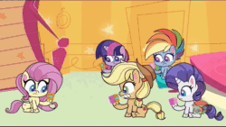 Size: 1280x720 | Tagged: safe, edit, edited screencap, screencap, character:applejack, character:fluttershy, character:rainbow dash, character:rarity, character:twilight sparkle, species:alicorn, species:earth pony, species:human, species:pegasus, species:pony, species:unicorn, episode:how applejack got her hat back, g4.5, my little pony: pony life, my little pony:pony life, spoiler:pony life s01e04, animated, conan o'brien, eating, female, irl, irl human, mare, paul f tompkins, photo, sound, squishy cube, webm