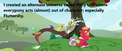 Size: 862x360 | Tagged: safe, edit, edited screencap, screencap, character:big mcintosh, character:discord, character:spike, species:dragon, episode:the big mac question, g4, my little pony: friendship is magic, apple, apple tree, discord is a duck, discord's secrets, drama, implied fluttershy, implied pony life, pony life drama, tree, winged spike