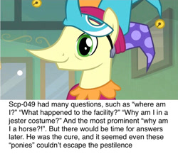 Size: 799x694 | Tagged: safe, edit, edited screencap, screencap, episode:the point of no return, g4, my little pony: friendship is magic, deformity, jester, poneocchio, ponestrip, scp, scp foundation, scp-049, text, this will end in death, this will end in tears, this will end in tears and/or death, this will not end well