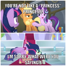 Size: 1440x1440 | Tagged: safe, edit, edited screencap, screencap, character:applejack, character:starlight glimmer, character:twilight sparkle, character:twilight sparkle (alicorn), species:alicorn, species:pony, episode:horse play, episode:the last problem, g4, my little pony: friendship is magic, caption, female, image macro, mare, meme, older, older twilight, princess twilight 2.0, professor mossmane, professor mosstone, text