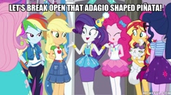 Size: 600x337 | Tagged: safe, edit, edited screencap, screencap, character:applejack, character:fluttershy, character:opalescence, character:pinkie pie, character:rainbow dash, character:rarity, character:spike, character:spike (dog), character:sunset shimmer, character:twilight sparkle, character:twilight sparkle (scitwi), species:dog, species:eqg human, episode:fomo, g4, my little pony: equestria girls, my little pony:equestria girls, spoiler:eqg series (season 2), caption, female, geode of shielding, geode of sugar bombs, geode of super speed, geode of super strength, humane five, humane seven, humane six, image macro, magical geodes, memeful.com, text
