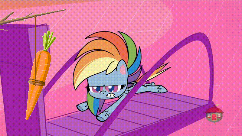 Size: 800x450 | Tagged: safe, edit, edited screencap, screencap, character:rainbow dash, species:pegasus, species:pony, episode:the mysterious voice, g4.5, my little pony:pony life, spoiler:pony life s01e33, animated, carrot, female, food, gif, herbivore, horses doing horse things, mare, running, treadmill, treehouse logo