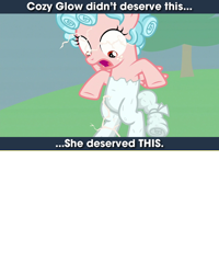 Size: 640x800 | Tagged: safe, edit, screencap, character:cozy glow, species:pegasus, species:pony, episode:the ending of the end, g4, my little pony: friendship is magic, caption, cozy deserved this, female, filly, image macro, meme, petrification, punish the villain, punishment, text
