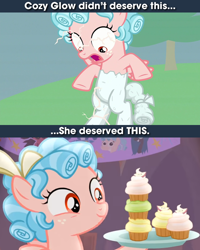 Size: 640x800 | Tagged: safe, edit, screencap, character:cozy glow, species:pegasus, species:pony, episode:frenemies, episode:the ending of the end, g4, my little pony: friendship is magic, a better ending for cozy, caption, cozy deserved this, cozy glow drama, cupcake, drama, female, food, hoof hold, image macro, meme, petrification, punish the villain, punishment, solo, stacked, text