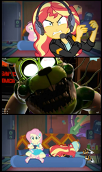 Size: 575x965 | Tagged: safe, edit, edited screencap, screencap, character:fluttershy, character:sunset shimmer, g4, my little pony: equestria girls, my little pony:equestria girls, spoiler:eqg series (season 2), angry, animator's hell, animatronic, converse, five nights at freddy's, fnaf fangame, fnaf oc, lunaticplushtrap, rageset shimmer, shoes, sunset shimmer frustrated at game, white eyes