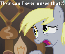 Size: 1296x1080 | Tagged: safe, edit, edited screencap, screencap, character:derpy hooves, episode:slice of life, g4, my little pony: friendship is magic, cropped, doctor whooves' lab, horrified, reaction image, speech, talking, what has been seen