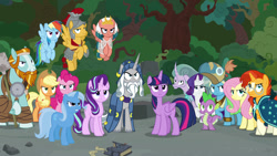 Size: 1280x720 | Tagged: safe, edit, edited screencap, screencap, character:applejack, character:flash magnus, character:fluttershy, character:meadowbrook, character:mistmane, character:pinkie pie, character:rainbow dash, character:rarity, character:rockhoof, character:somnambula, character:spike, character:star swirl the bearded, character:starlight glimmer, character:sunburst, character:trixie, character:twilight sparkle, character:twilight sparkle (alicorn), species:alicorn, species:dragon, species:earth pony, species:pegasus, species:pony, species:unicorn, episode:shadow play, g4, my little pony: friendship is magic, angry, destroyed, eaten, editor needed, flying, gritted teeth, looking at someone, pinkie pie is not amused, ponehenge, rainbow dash is not amused, rockhoof is not amused, socks (coat marking), somnambula is not amused, spike is not amused, star swirl is not amused, starlight is not amused, sunburst is not amused, trixie is not amused, twilight is not amused, unamused, wall of tags