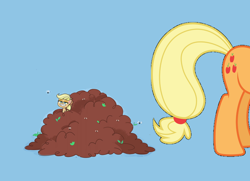Size: 2208x1600 | Tagged: safe, edit, edited screencap, screencap, character:applejack, species:earth pony, species:pony, g4, my little pony:pony life, spoiler:pony life s01e34, cutie mark, female, fertilizer, flank, fly, implied poop, insect, mare, rear, solo, the 5 habits of highly effective ponies, toilet humor, vector