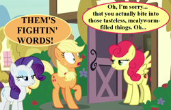 Size: 924x594 | Tagged: safe, edit, edited screencap, screencap, character:applejack, character:rarity, character:strawberry sunrise, episode:honest apple, g4, my little pony: friendship is magic, angry, applejack's hat, backhanded apology, clothing, cowboy hat, cropped, dialogue, hat, ponyville, speech bubble, strawberry savage, that pony sure does hate apples