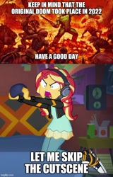 Size: 500x779 | Tagged: safe, edit, edited screencap, screencap, character:sunset shimmer, species:eqg human, episode:game stream, g4, my little pony: equestria girls, my little pony:equestria girls, spoiler:eqg series (season 2), 2020, caption, controller, doom, doomguy, female, gamer sunset, image macro, imgflip, solo, sunset shimmer frustrated at game, text