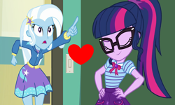Size: 1798x1078 | Tagged: safe, edit, edited screencap, screencap, character:trixie, character:twilight sparkle, character:twilight sparkle (scitwi), species:eqg human, ship:twixie, equestria girls:forgotten friendship, equestria girls:holidays unwrapped, g4, my little pony: equestria girls, my little pony:equestria girls, spoiler:eqg series (season 2), female, lesbian, sci-twixie, shipping, shipping domino