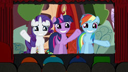 Size: 1864x1047 | Tagged: safe, edit, edited screencap, screencap, character:rainbow dash, character:rarity, character:twilight sparkle, species:alicorn, species:pegasus, species:pony, species:unicorn, episode:dragon quest, g4, my little pony: friendship is magic, big smile, eric cartman, kenny mccormick, kyle broflovski, obligatory pony, photo, smiling, smiling at you, south park, stan smith, theater, waving, waving at you