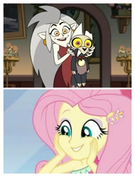 Size: 3106x4096 | Tagged: safe, edit, edited screencap, screencap, character:fluttershy, episode:i'm on a yacht, g4, my little pony: equestria girls, my little pony:equestria girls, spoiler:eqg series (season 2), eda, eda the owl lady, edalyn clawthorne, king (the owl house), the owl house