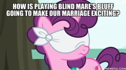 Size: 600x337 | Tagged: safe, edit, edited screencap, screencap, character:sugar belle, episode:the big mac question, g4, my little pony: friendship is magic, blindfold, caption, image macro, text