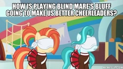 Size: 600x337 | Tagged: safe, edit, edited screencap, screencap, character:lighthoof, character:shimmy shake, episode:2-4-6 greaaat, g4, blindfold, caption, image macro, text