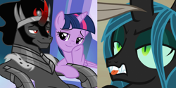 Size: 1400x700 | Tagged: safe, edit, edited screencap, screencap, character:king sombra, character:queen chrysalis, character:twilight sparkle, character:twilight sparkle (alicorn), species:alicorn, species:changeling, species:pony, species:unicorn, ship:twibra, episode:the beginning of the end, g4, my little pony: friendship is magic, biting, changeling queen, female, male, mare, shipping, stallion, straight, tongue bite