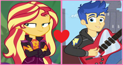 Size: 1416x748 | Tagged: safe, edit, edited screencap, screencap, character:flash sentry, character:sunset shimmer, ship:flashimmer, g4, my little pony: equestria girls, my little pony:equestria girls, female, male, shipping, shipping domino, straight