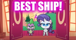 Size: 1230x650 | Tagged: safe, edit, edited screencap, screencap, character:rarity, character:spike, species:pony, species:unicorn, ship:sparity, g4.5, my little pony:pony life, spoiler:pony life s01e42, caption, female, flutterdash (episode), image macro, male, mare, shipping, straight, text