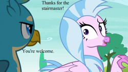 Size: 1280x720 | Tagged: safe, edit, edited screencap, screencap, character:gallus, character:silverstream, episode:school daze, g4, my little pony: friendship is magic, cute, dialogue, diastreamies, jewelry, necklace, that hippogriff sure does love stairs, tree