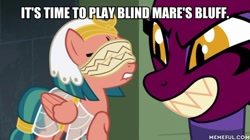 Size: 600x337 | Tagged: safe, edit, edited screencap, screencap, character:somnambula, character:sphinx, species:sphinx, episode:daring done, g4, blindfold, caption, image macro, text