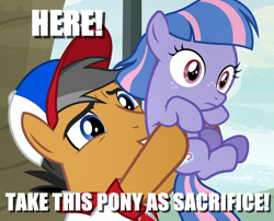 Size: 1333x1077 | Tagged: safe, edit, edited screencap, screencap, character:quibble pants, character:wind sprint, species:earth pony, species:pegasus, species:pony, episode:common ground, g4, my little pony: friendship is magic, caption, cropped, duo, family, father and child, father and daughter, female, filly, holding a pony, image macro, male, stallion, text