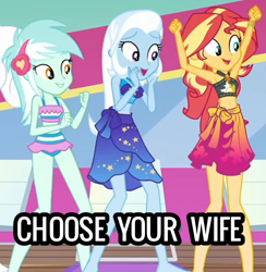 Size: 1144x1173 | Tagged: safe, edit, edited screencap, screencap, character:lyra heartstrings, character:sunset shimmer, character:trixie, episode:i'm on a yacht, g4, my little pony: equestria girls, my little pony:equestria girls, spoiler:eqg series (season 2), armpits, belly button, bikini, chair, choose your wife, clothing, cropped, cute, diatrixes, female, geode of empathy, lyrabetes, magical geodes, sarong, shimmerbetes, sleeveless, swimsuit, trio, trio female