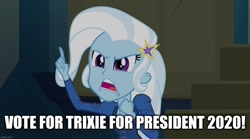 Size: 1280x714 | Tagged: safe, edit, edited screencap, screencap, character:trixie, equestria girls:rainbow rocks, g4, my little pony: equestria girls, my little pony:equestria girls, 2020 election, image macro, meme, trixie yells at everything