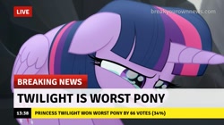 Size: 717x402 | Tagged: safe, edit, edited screencap, screencap, character:twilight sparkle, character:twilight sparkle (alicorn), species:alicorn, species:pony, /mlp/, g4, my little pony: the movie (2017), 4chan, abuse, alicorn drama, background pony strikes again, break your own news, breaking news, crying, drama, op is a duck, op is wrong, op isn't even trying anymore, op wants attention, poll, twilybuse, worst pony