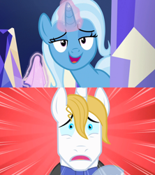 Size: 1280x1440 | Tagged: safe, edit, edited screencap, screencap, character:prince blueblood, character:trixie, ship:bluetrix, episode:all bottled up, episode:the best night ever, g4, my little pony: friendship is magic, bedroom eyes, female, male, napkin, shipping, shipping domino, straight, surprised