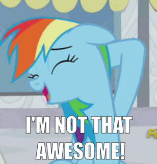 Size: 308x323 | Tagged: safe, edit, edited screencap, screencap, character:rainbow dash, species:pegasus, species:pony, episode:rarity investigates, g4, my little pony: friendship is magic, animated, bashful, blatant lies, caption, cropped, cute, dashabetes, denial, female, image macro, loop, modesty, out of character, solo, talking, text