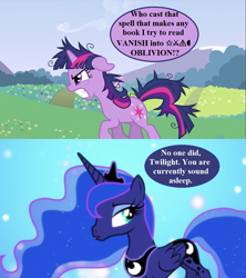 Size: 993x1118 | Tagged: safe, edit, edited screencap, screencap, character:princess luna, character:twilight sparkle, character:twilight sparkle (unicorn), species:pony, species:unicorn, episode:bloom and gloom, episode:lesson zero, g4, my little pony: friendship is magic, bookhorse, censored vulgarity, crown, dialogue, disheveled, flower, grawlixes, jewelry, messy mane, nightmare, peytral, regalia, speech bubble, twilight snapple