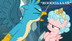 Size: 1280x720 | Tagged: safe, edit, edited screencap, screencap, character:cozy glow, character:gallus, species:griffon, episode:school raze, g4, my little pony: friendship is magic, angry, cozy glow is not amused, eyes closed, furry reminder, jewelry, roar, tiara