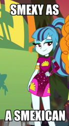 Size: 340x616 | Tagged: safe, edit, edited screencap, screencap, character:sonata dusk, equestria girls:sunset's backstage pass, g4, my little pony: equestria girls, my little pony:equestria girls, spoiler:eqg series (season 2), caption, clothing, cropped, dress, female, food, hand on hip, image macro, looking at you, minidress, ponytail, smiling, solo focus, taco, taco dress, text