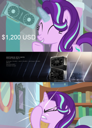 Size: 1920x2670 | Tagged: safe, edit, edited screencap, screencap, character:starlight glimmer, species:pony, species:unicorn, g4, episode needed, facehoof, graphics card, happy, meme, nvidia, rtx, text