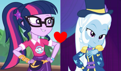 Size: 1003x588 | Tagged: safe, edit, edited screencap, screencap, character:trixie, character:twilight sparkle, character:twilight sparkle (scitwi), species:eqg human, ship:twixie, equestria girls:spring breakdown, equestria girls:sunset's backstage pass, g4, my little pony: equestria girls, my little pony:equestria girls, spoiler:eqg series (season 2), female, lesbian, sci-twixie, shipping, shipping domino