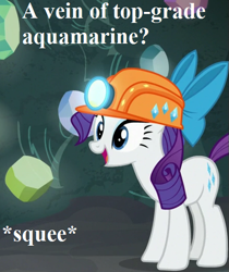 Size: 441x525 | Tagged: safe, edit, edited screencap, screencap, character:rarity, species:pony, species:unicorn, episode:rock solid friendship, g4, my little pony: friendship is magic, bow, clothing, cropped, cute, female, gem, gem cave, hat, headlamp, helmet, mane bow, mining helmet, raribetes, solo, squee, that pony sure does love gems