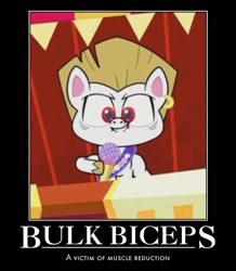 Size: 573x656 | Tagged: safe, edit, edited screencap, screencap, character:bulk biceps, species:earth pony, species:pony, g4.5, my little pony:pony life, spoiler:pony life s01e42, demotivational poster, flutterdash (episode), male, meme, microphone, motivational poster, solo