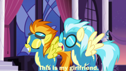 Size: 1280x720 | Tagged: safe, edit, edited screencap, screencap, character:misty fly, character:spitfire, species:pegasus, species:pony, episode:rarity investigates, g4, my little pony: friendship is magic, caption, clothing, eyes closed, female, image macro, lesbian, mare, shipping, spitfly, spread wings, text, uniform, wings, wonderbolts uniform
