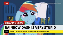 Size: 717x402 | Tagged: safe, edit, edited screencap, screencap, character:rainbow dash, episode:parental glideance, g4, my little pony: friendship is magic, abuse, break your own news, breaking news, crying, dashabuse, op is a duck, op is trying to start shit, op is wrong, sad, stupid, trying too hard