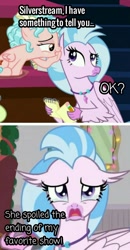 Size: 837x1607 | Tagged: safe, edit, edited screencap, screencap, character:cozy glow, character:silverstream, g4, crying, pure concentrated unfiltered evil of the utmost potency, pure unfiltered evil, sad