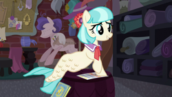 Size: 1280x720 | Tagged: safe, edit, edited screencap, screencap, character:coco pommel, species:pony, episode:made in manehattan, g4, my little pony: friendship is magic, female, flyer, mermaid, scrapbook, sitting, smiling, solo