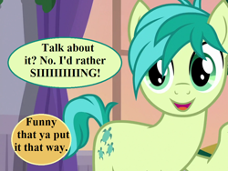 Size: 880x660 | Tagged: safe, edit, edited screencap, screencap, character:sandbar, episode:sounds of silence, episode:the hearth's warming club, g4, my little pony: friendship is magic, cropped, curtains, cute, dialogue, implied applejack, sandabetes, school of friendship, smiling, speech bubble